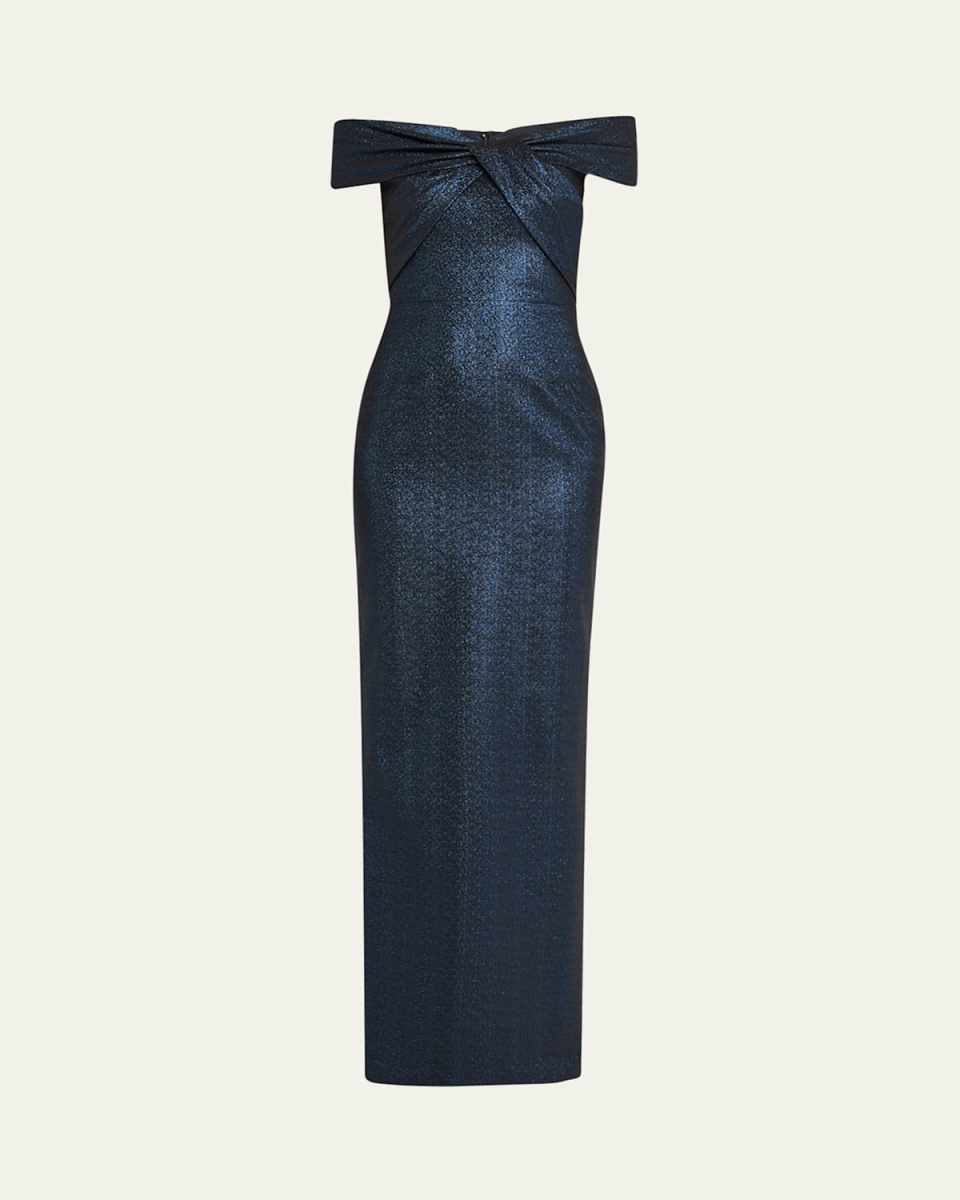 Twist-Front Off-Shoulder Stretch Metallic Gown